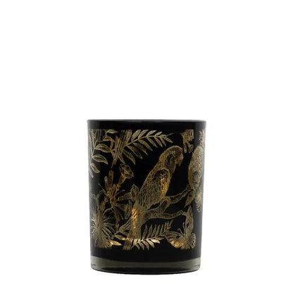Theelichthouder Set – Zwart Goud Papegaaien – Glas