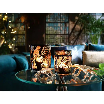 Theelichthouder Set – Zwart Goud Papegaaien – Glas