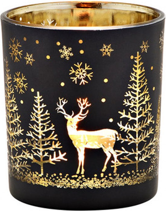 Theelichthouder rendier winterbos – zwart met goud – glas – luxe kerstdecoratie