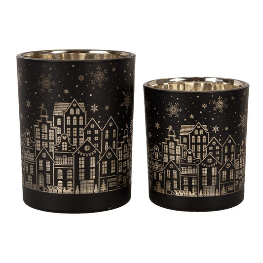 Set van 2 theelichthouders Clayre & Eef – huisjes – zwart met goud – Ø 10x12 en Ø 9x10 cm