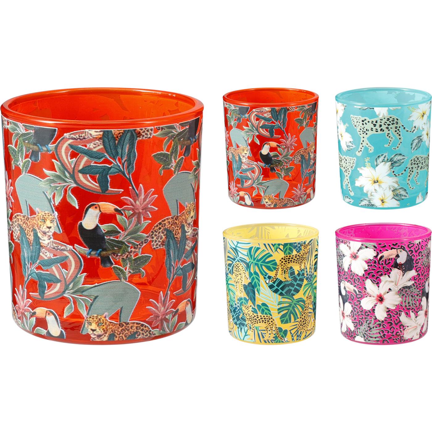 Tropische theelichthouder glas 7x7 cm jungle design met luipaard en toekan