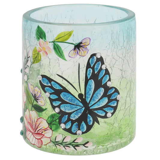 Glazen theelichthouder met blauwe vlinder en bloemenprint – 7x7x8 cm