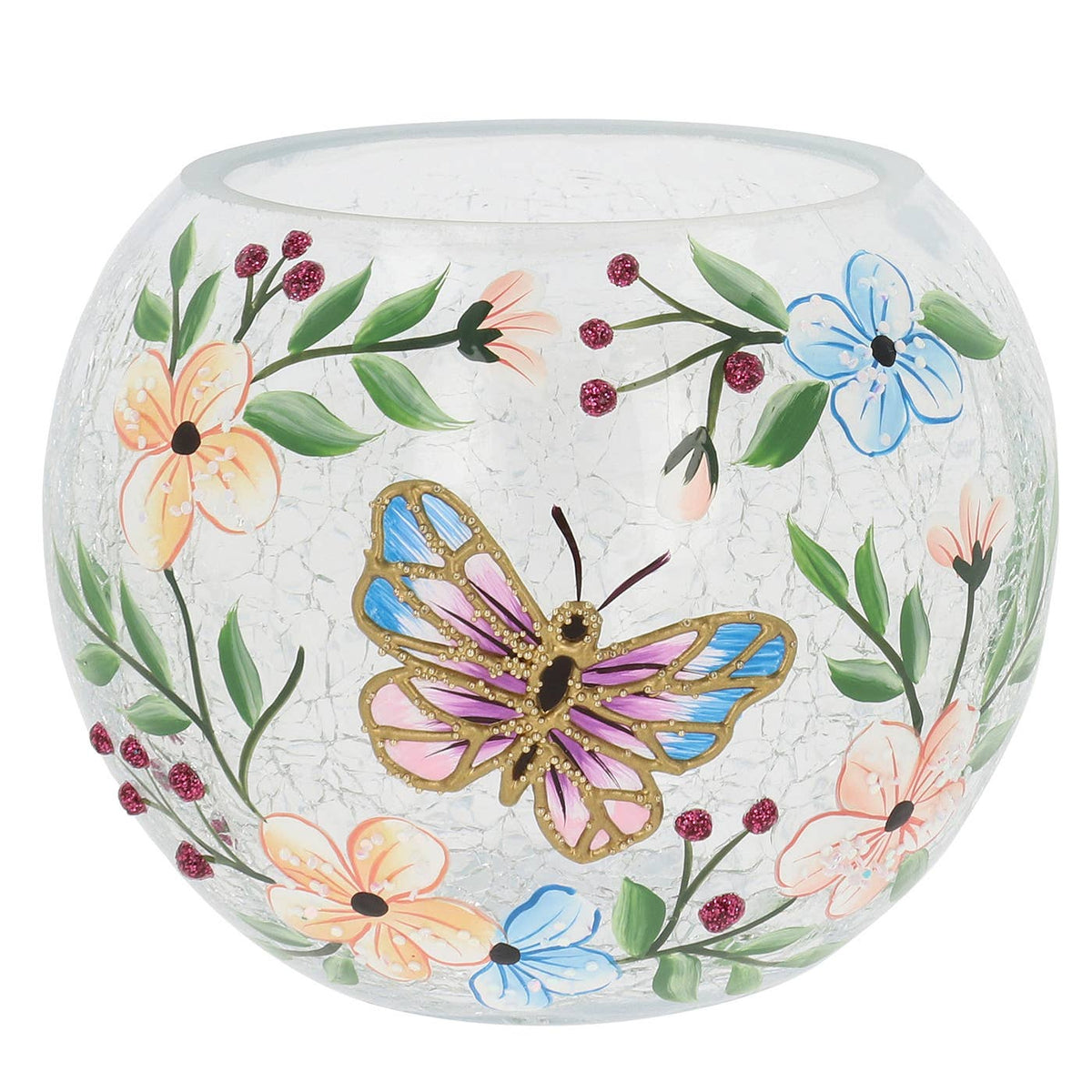 Handbeschilderde vlinder theelichthouder van craquelé glas met bloemen Ø 10 x 8 cm
