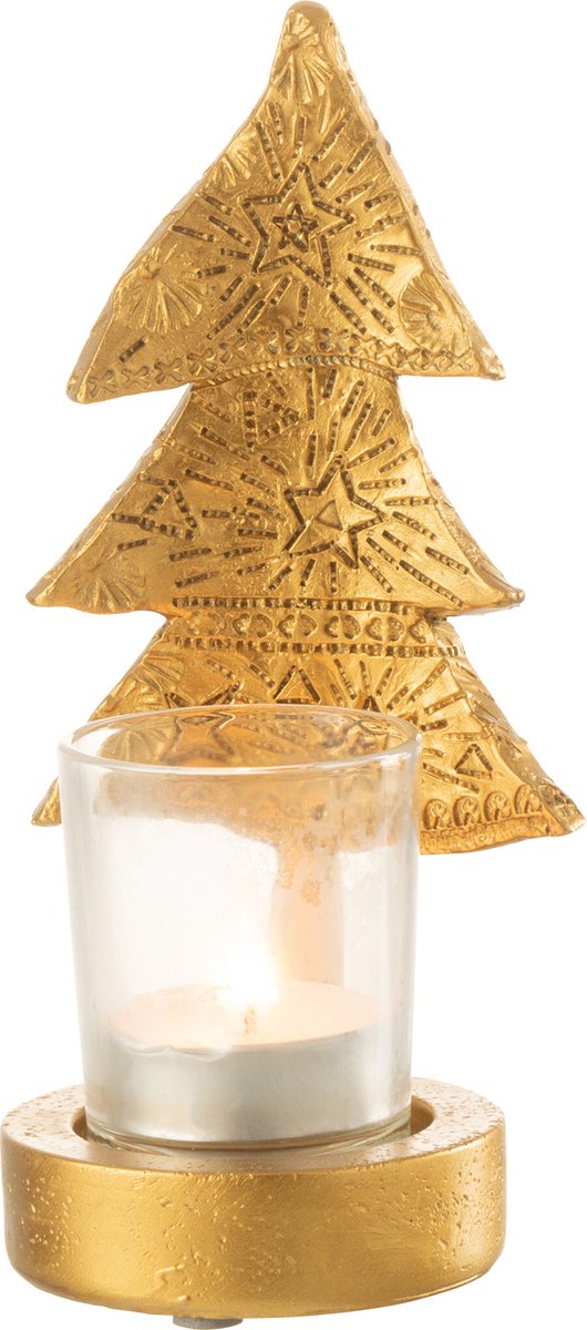 Gouden kerstboom theelichthouder met glas – J-line – 17,5 cm – Krokomingo