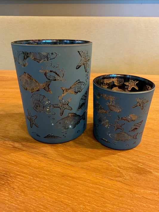 Windlicht set zee blauw glas Bell Arte met vissen en zeesterren