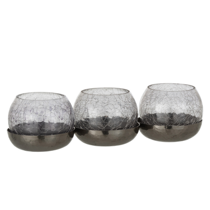 Set van drie waxinelichthouders met craquelé glas en metalen basis – J-line
