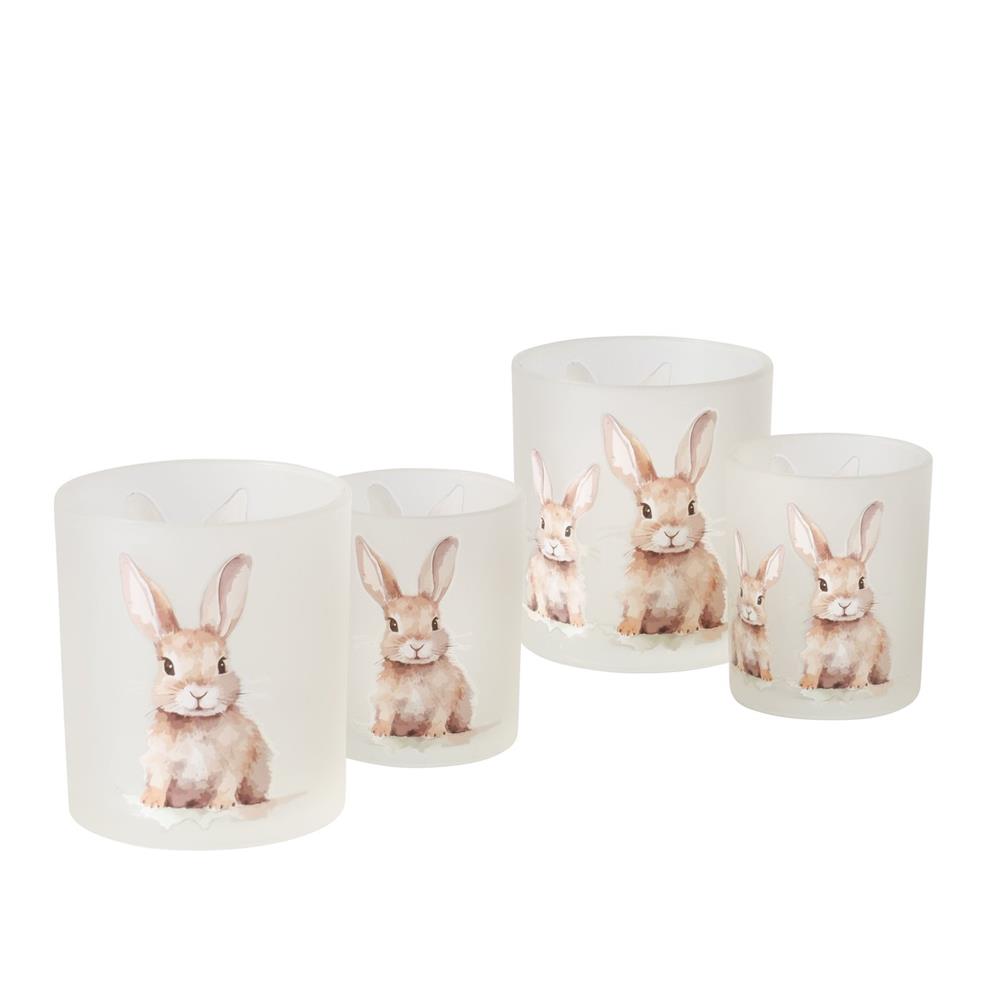 Set van 2 glazen windlichten met 2 konijnen print – Boltze Home Hansi – Ø7x8 en Ø9x10 cm