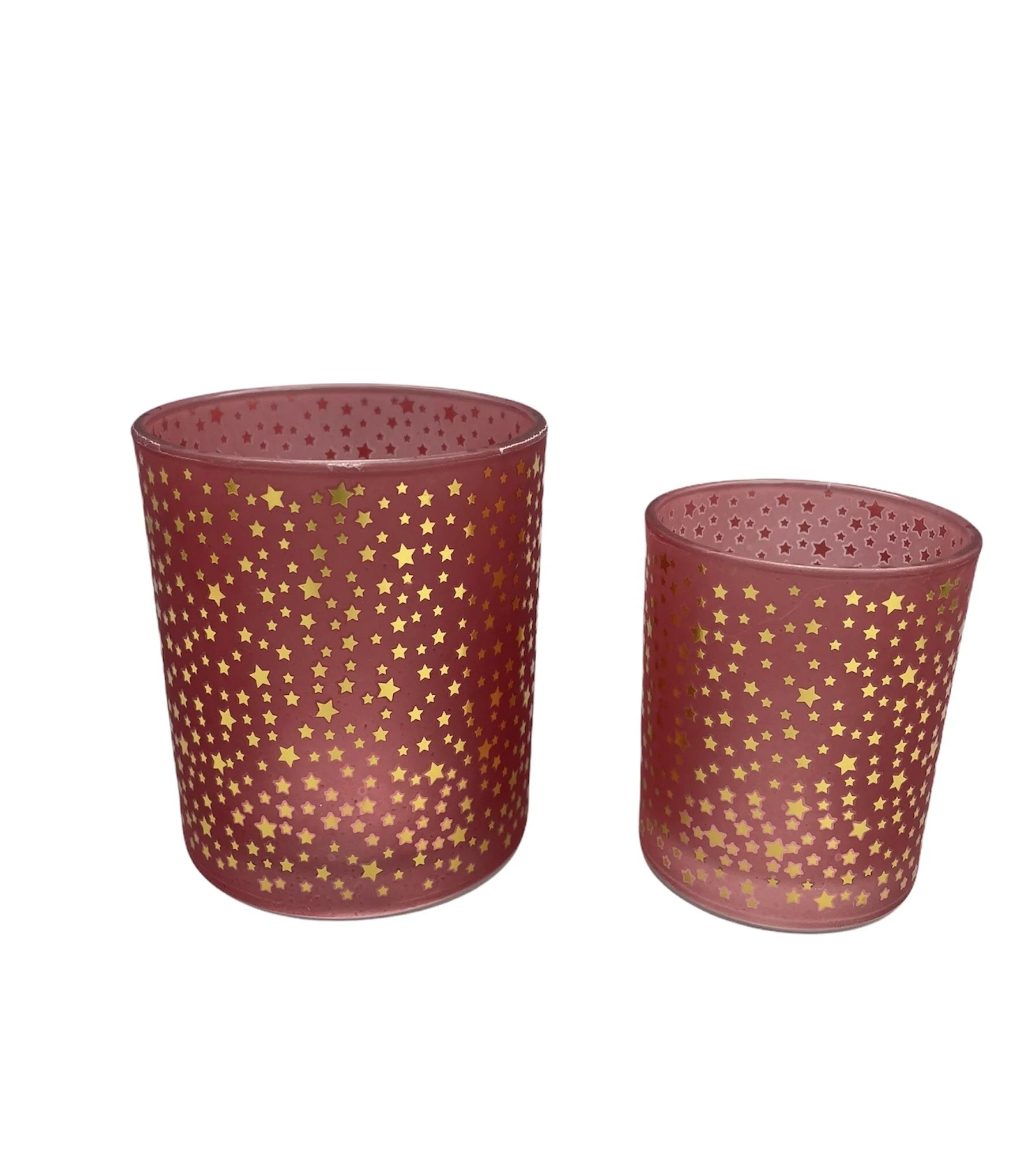 Roze windlicht Twinkle met gouden sterren – 8 of 10 cm hoog
