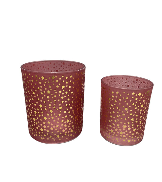 Roze windlicht Twinkle met gouden sterren – 8 of 10 cm hoog