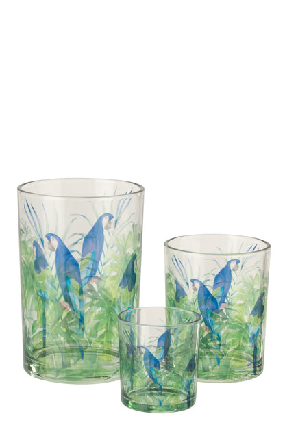 J-Line glazen windlicht met blauwe papegaaien en tropische bladeren, verkrijgbaar in drie verschillende maten of als decoratieve set.