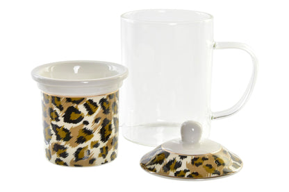 Leopard Print Tea Mug – Glass &amp; Porcelain – With Infuser &amp; Lid – 300 ml – Black or Brown