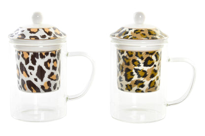 Leopard Print Tea Mug – Glass &amp; Porcelain – With Infuser &amp; Lid – 300 ml – Black or Brown