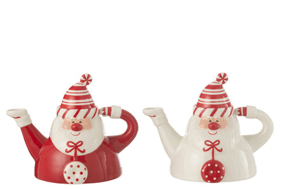 J-Line kerstman theepot van keramiek 22,5 x 16 x 18 cm in rood of wit met keramieken mutsdeksel