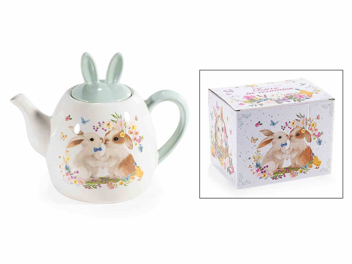 keramiek konijnen theepot 1 liter met konijnenoren deksel cadeauverpakking