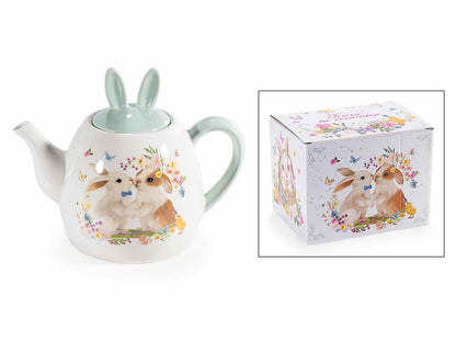 keramiek konijnen theepot 1 liter met konijnenoren deksel cadeauverpakking