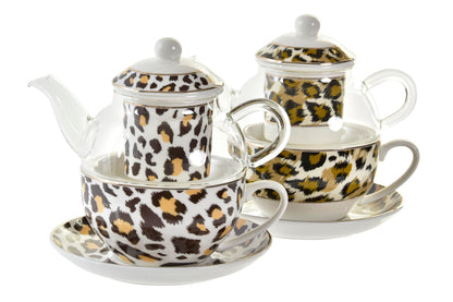 Leopard theeset met glazen theepot en porseleinen mok – in bruin of goudgeel luipaardprint – compact stapelbaar