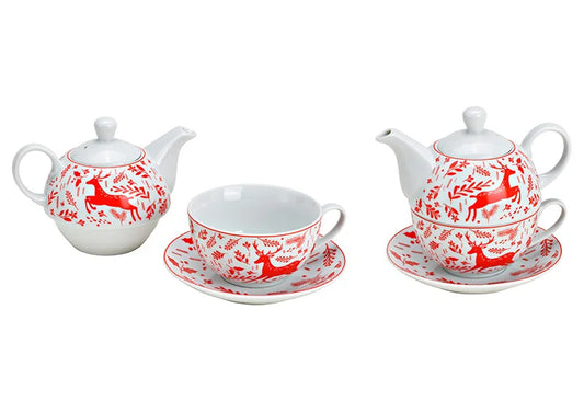 Theeset rendier – theepot met kop en schotel – porselein – Gebr. Wurm