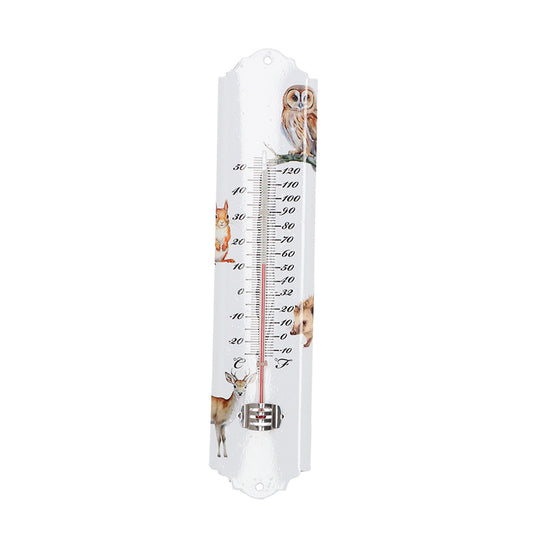 Witte wandthermometer met illustraties van bosdieren – uil, eekhoorn, egel en hert – 29,5 cm