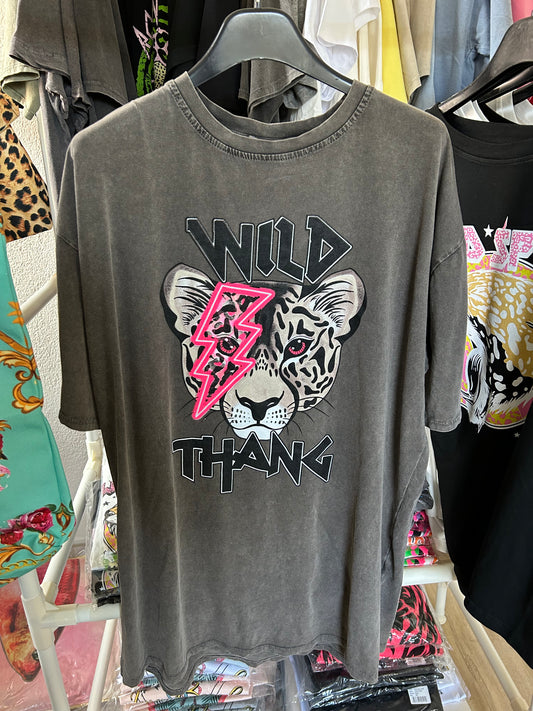 Grijze vintage washed t-shirt jurk met tijgerkop en Wild Thang tekst