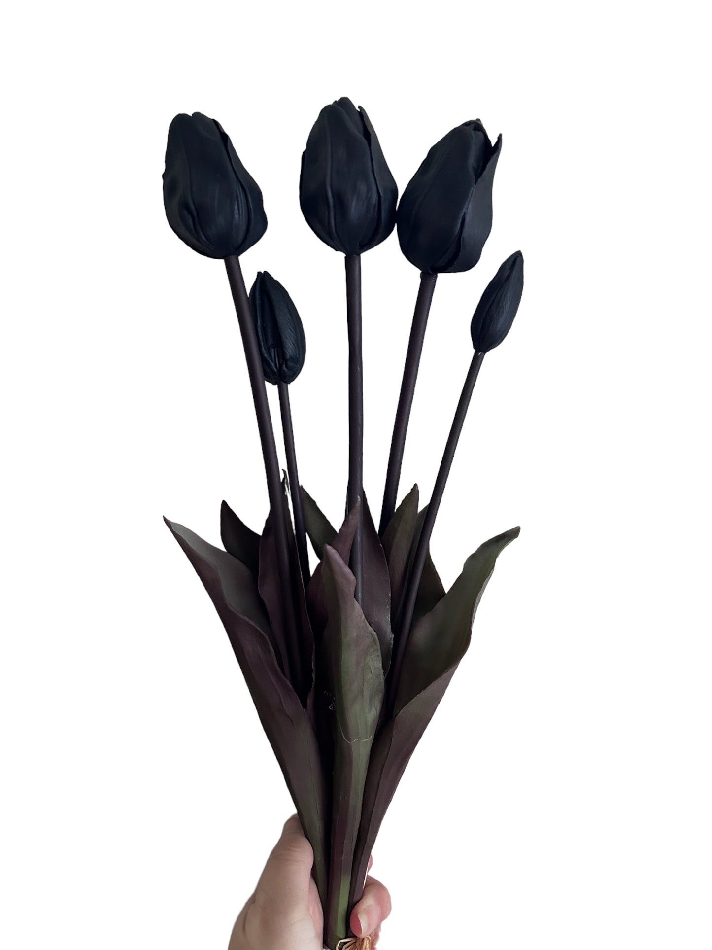 Set van 5 zwarte Real Touch kunsttulpen – 47 cm – luxe kunstbloemen