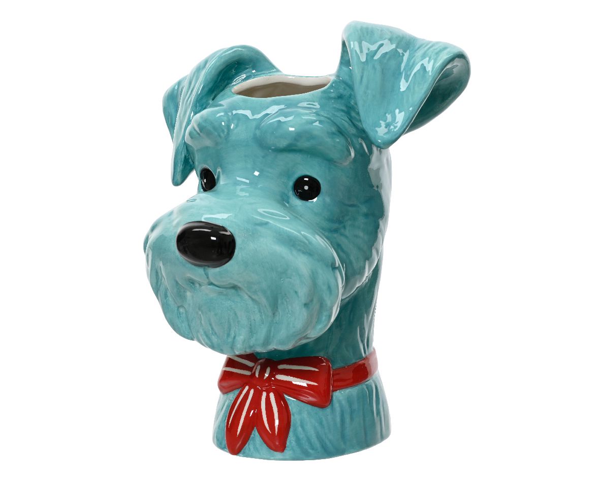 Blaue Foxterrier-Vase mit Seidentulpen