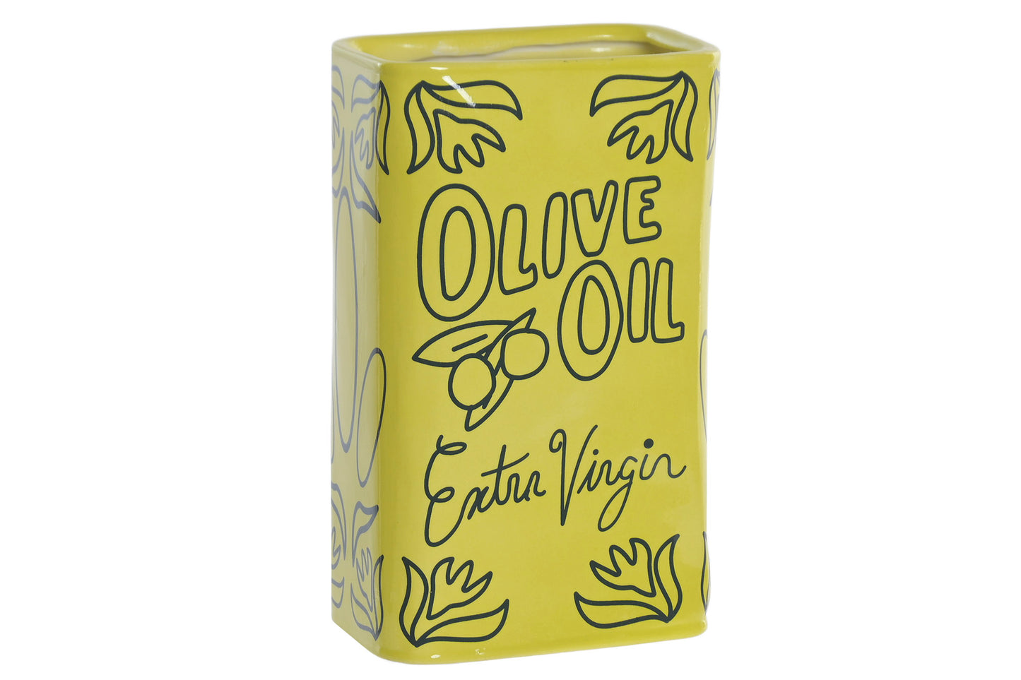 Gele stoneware boekvaas met Olive Oil Extra Virgin illustratie als decoratieve vaas voor een modern en Mediterraan interieur.