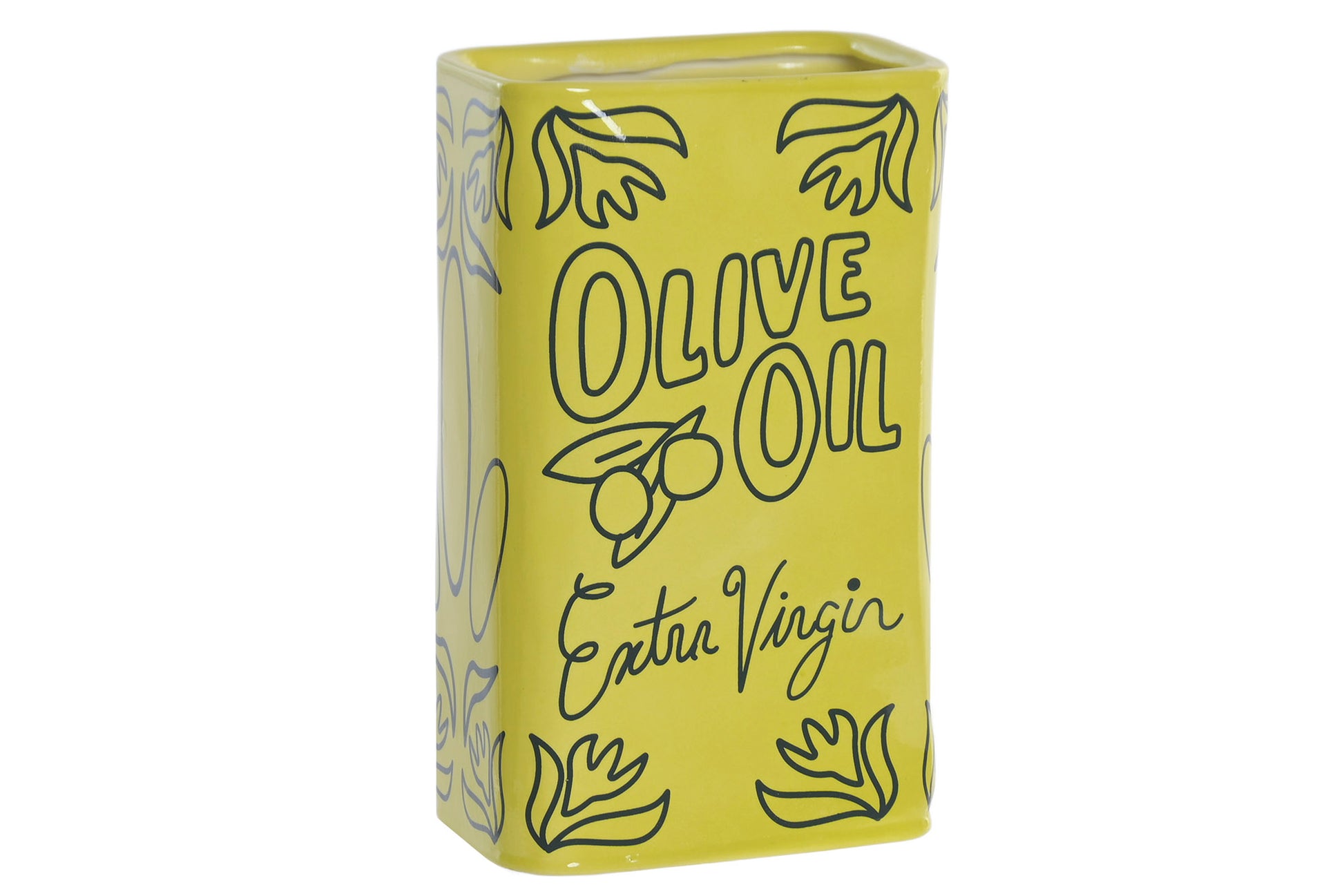 Gele stoneware boekvaas met Olive Oil Extra Virgin illustratie als decoratieve vaas voor een modern en Mediterraan interieur.