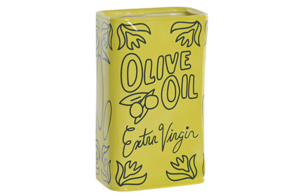 Gele stoneware boekvaas met Olive Oil Extra Virgin illustratie als decoratieve vaas voor een modern en Mediterraan interieur.