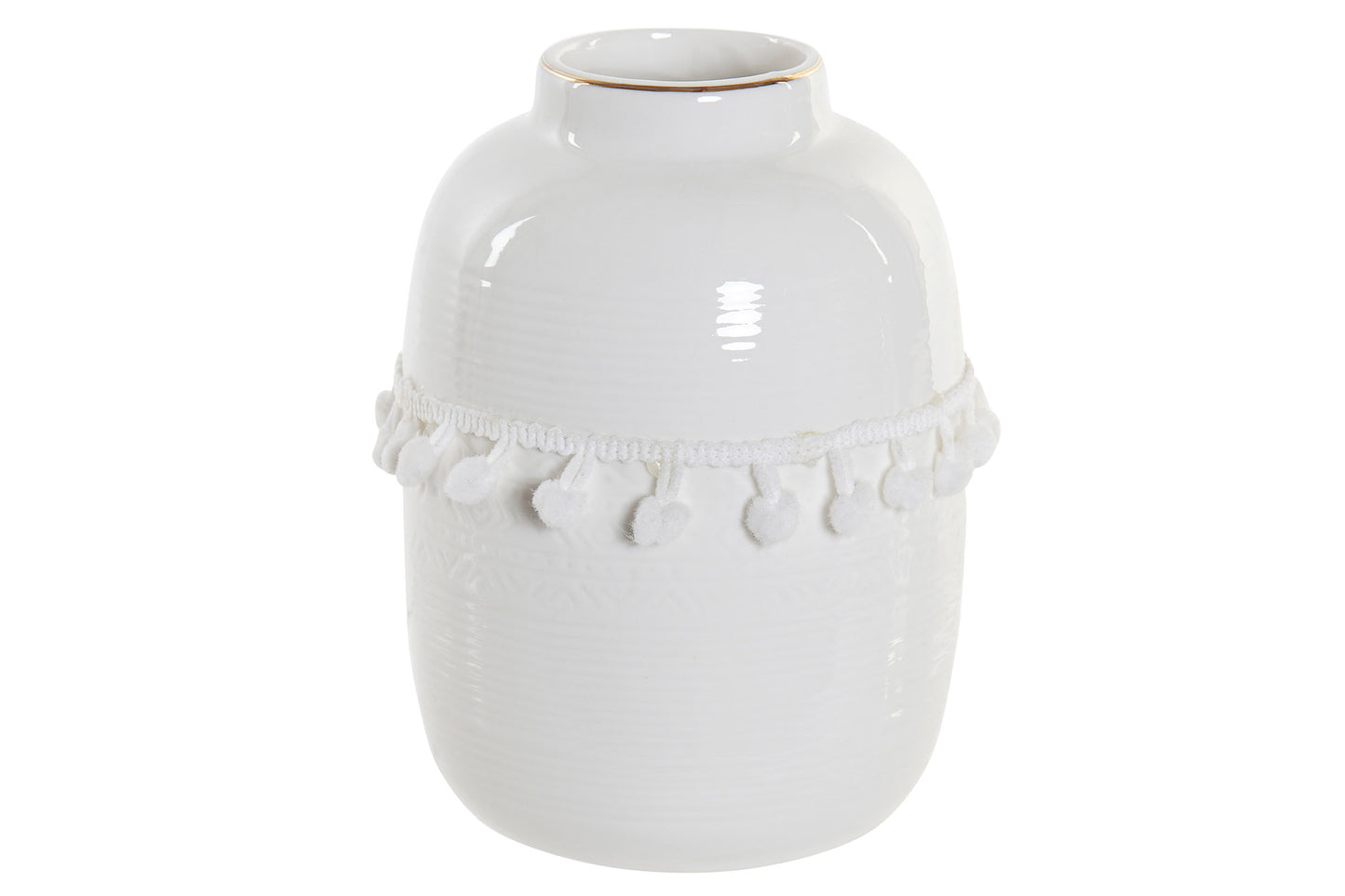Witte keramieken boho vaas met katoenen pompons en reliëf, verkrijgbaar in twee maten