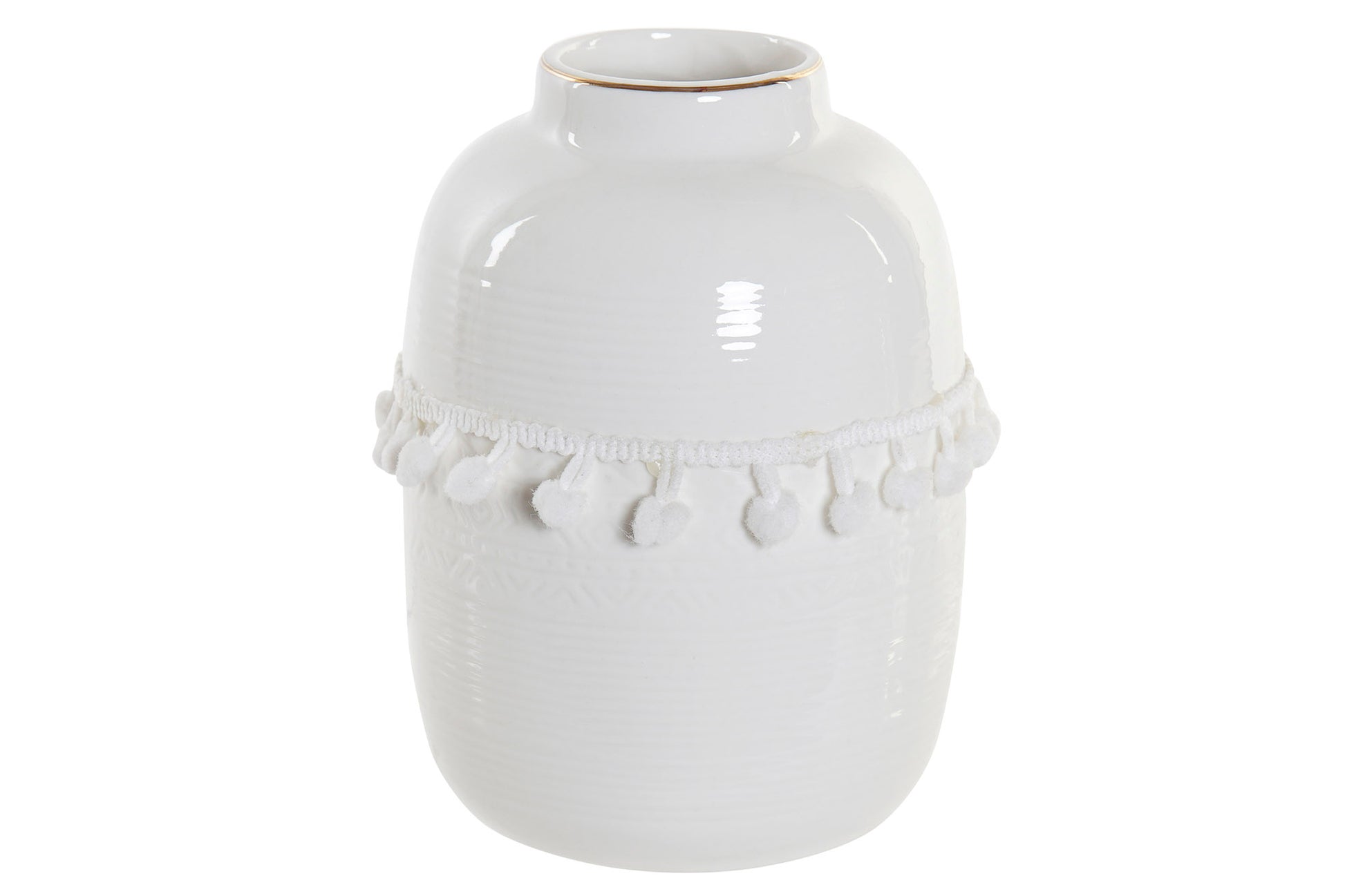 Witte keramieken boho vaas met katoenen pompons en reliëf, verkrijgbaar in twee maten