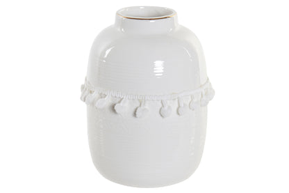 Witte keramieken boho vaas met katoenen pompons en reliëf, verkrijgbaar in twee maten