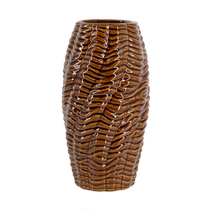 Bruine vaas met golvend reliëf van aardewerk 28,5 cm hoog