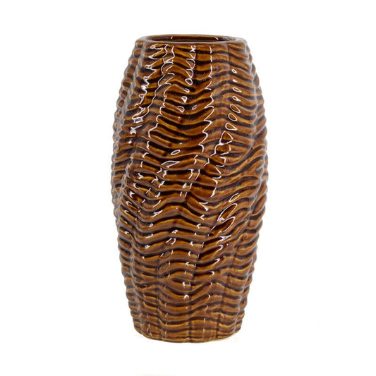 Bruine vaas met golvend reliëf van aardewerk 28,5 cm hoog