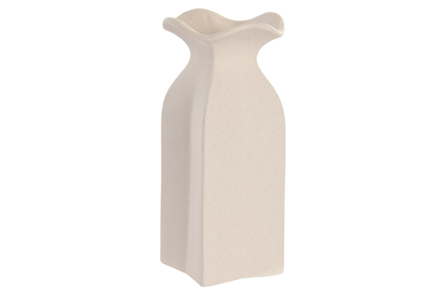 Organische stoneware vaas van 28 cm in gebroken wit met subtiele spikkels, matte afwerking en een sierlijke golvende opening.