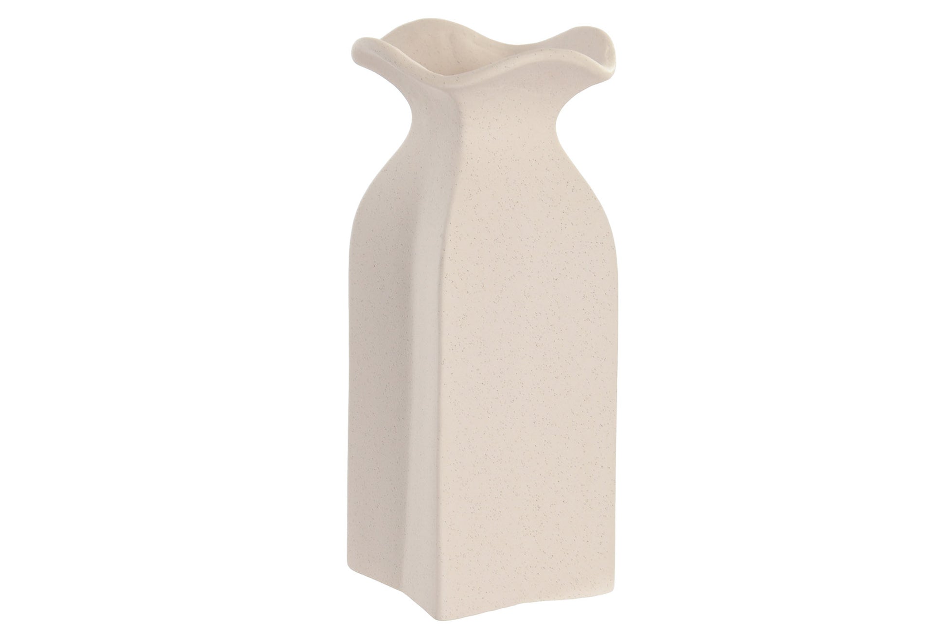 Organische stoneware vaas van 28 cm in gebroken wit met subtiele spikkels, matte afwerking en een sierlijke golvende opening.