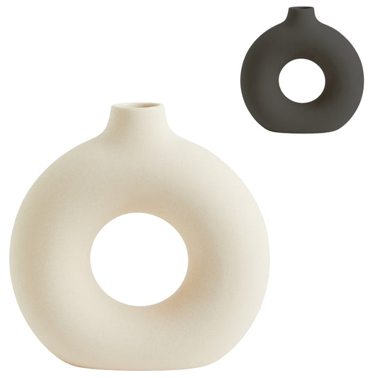 Donutvormige keramieken vaas in zwart en wit – 31 cm hoog – sculpturaal en modern design