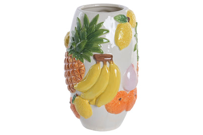 Stoneware fruitvaas 23 cm met ananas, banaan, citroen en sinaasappel in kleurrijk tropisch design.