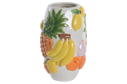 Stoneware fruitvaas 23 cm met ananas, banaan, citroen en sinaasappel in kleurrijk tropisch design.