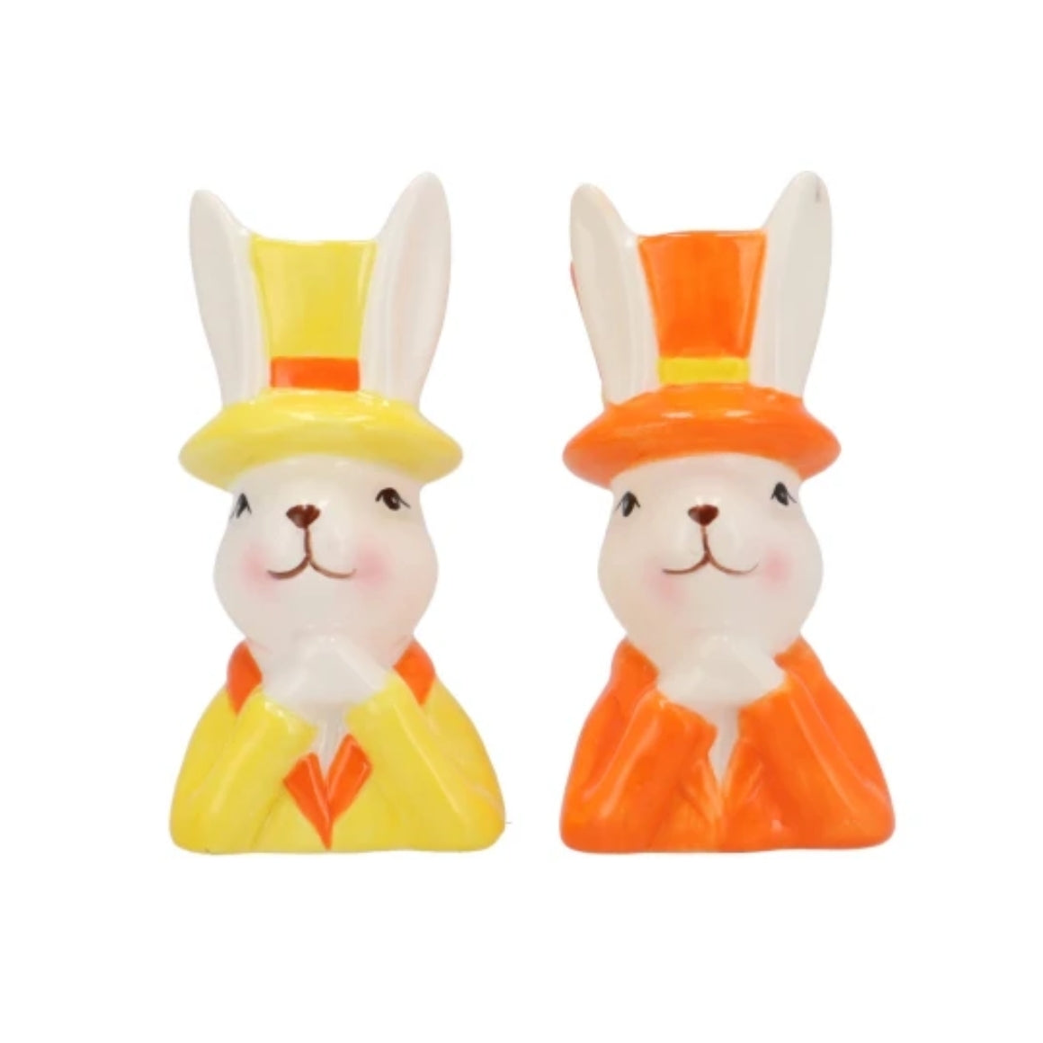 Set van twee keramische paasvaasjes in de vorm van paashazen – oranje en geel – 14 cm hoog – Easter Bunny-serie