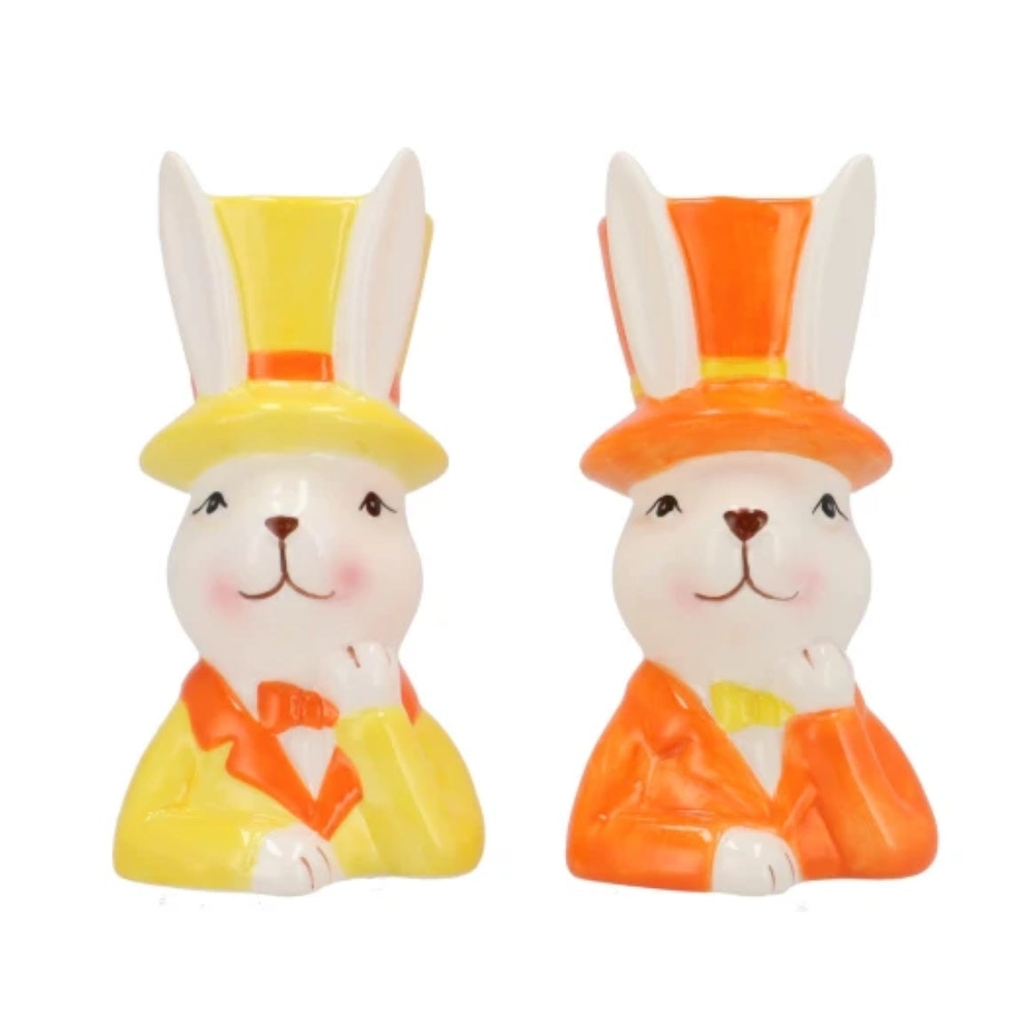 Twee keramische paashazen als vaas in oranje en geel – 11 en 14 cm hoog – Easter Bunny serie – voorjaarsdecoratie