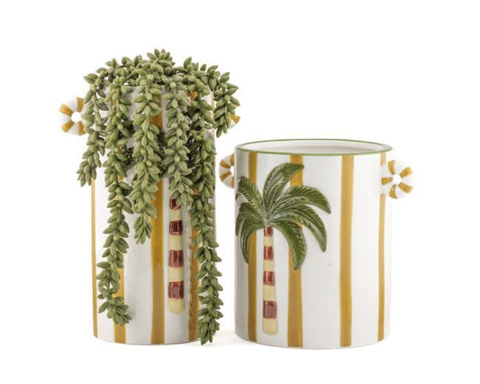 Palmboom Vaas Palora van keramiek met geel-witte strepen en palmboomdecoratie in twee formaten