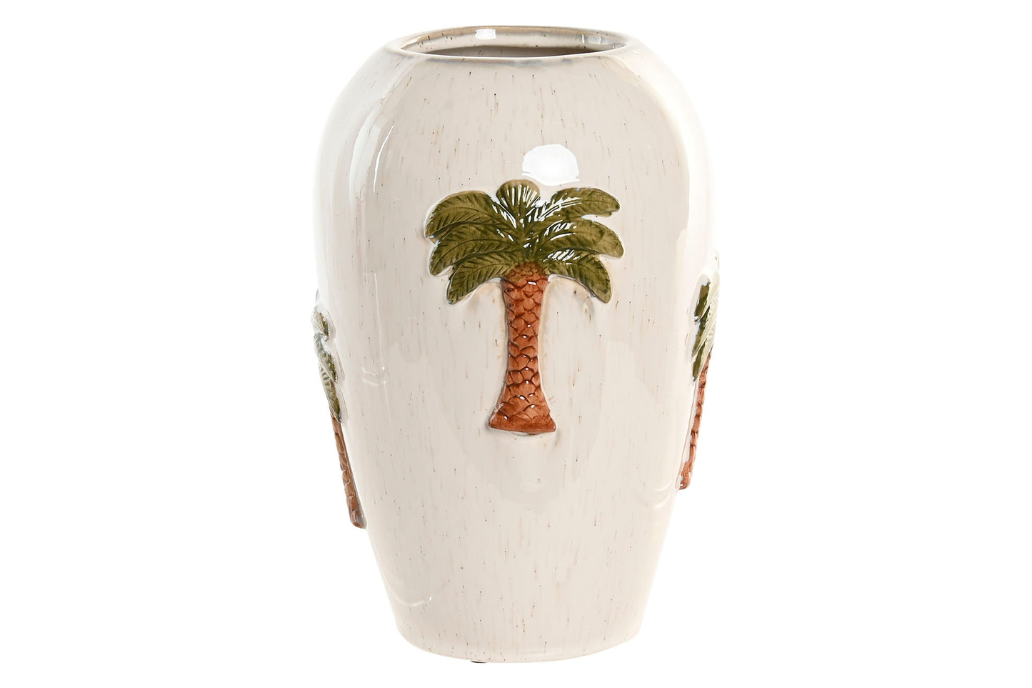 Keramieken vaas in off-white met handbeschilderde palmboom in reliëf voor een Bali Beach House interieur