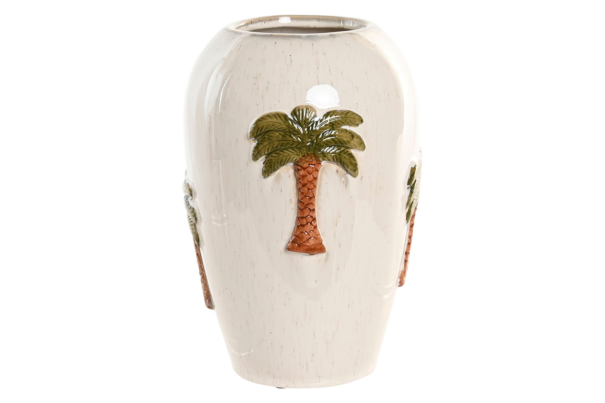 Keramieken vaas in off-white met handbeschilderde palmboom in reliëf voor een Bali Beach House interieur