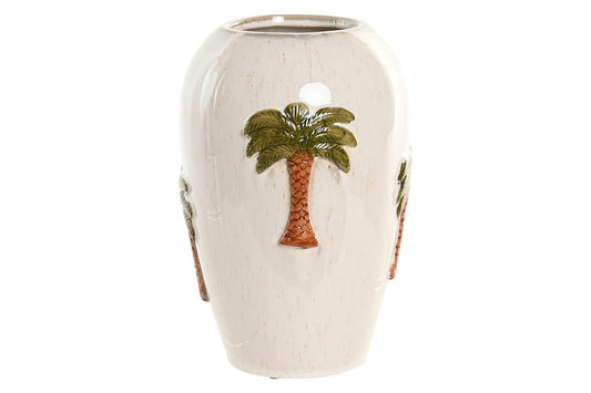 Keramieken vaas in off-white met handbeschilderde palmboom in reliëf voor een Bali Beach House interieur