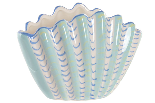 blauwe schelpen vaas keramiek decoratieve schaal Ibiza stijl golvende vorm