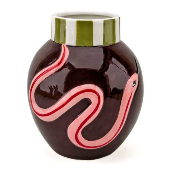 aubergine vaas slang keramiek design vaas roze groen woondecoratie statement vaas