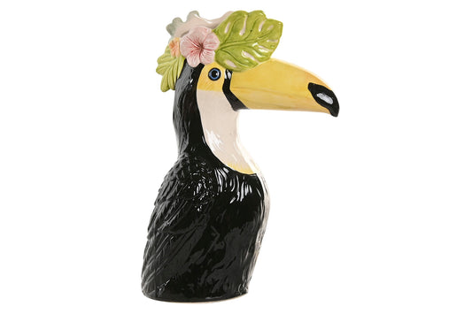 Keramieken toekan vaas met gele snavel en tropische bloemen en groene bladeren – 25 cm – Krokomingo