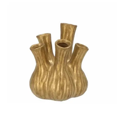 Goudkleurige keramieken tulpenvaas met vijf tuiten – sculpturale vaas voor losse bloemen of decoratief gebruik