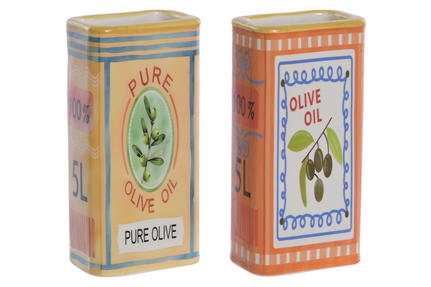 Keramisch vaasje in de vorm van een vintage olijfolieblik met mediterrane olijfolie illustratie, verkrijgbaar in Pure Olive en Olive Oil design.