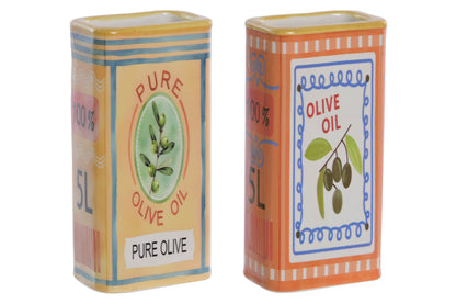 Keramisch vaasje in de vorm van een vintage olijfolieblik met mediterrane olijfolie illustratie, verkrijgbaar in Pure Olive en Olive Oil design.